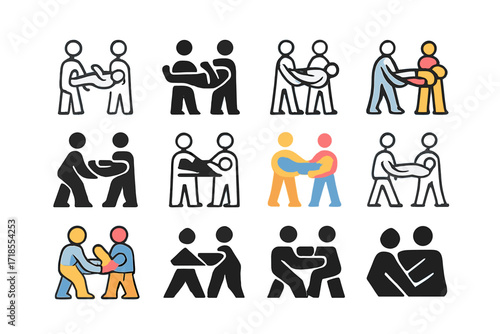 Family Unity Logos. Set Logo of Supporting each other in family crises: Family carrying one member together. Logo set in vector style, emblematic variations.