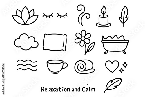 Relaxation Doodle Icons. Hand-drawn doodle illustration Relaxation and Calm lotus, closed eyes, steam swirl, candle, cloud, soft pillow, flower, leaf, bath