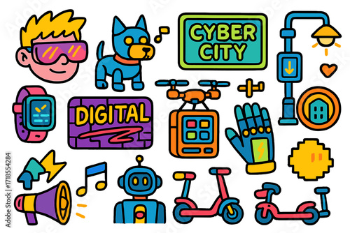 Cyberpunk City Doodles. Colorful Hand-drawn doodle Children illustration Cyberpunk city life neon glasses, robot dog, digital graffiti, tech watch, glowing