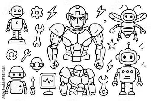 Doodle Robot Icons. Robot figures. Hand-drawn doodle illustration robot figures androids, cyborgs, mecha suits, gears, helmets, wings, arms, screens,