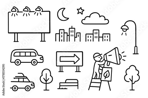 Nighttime City Doodle. Hand-drawn doodle illustration night billboard lights billboard, spotlight, star, moon, cloud, city skyline, car, bus, streetlight,
