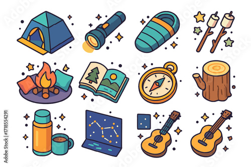 Indoor Camping Adventure. Colorful isometric vector icons set of Indoor camping night: indoor tent, flashlight beam, sleeping bag, marshmallows on sticks, star