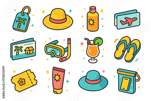 Tropical Getaway Icons. Colorful isometric vector icons set of tropical getaway planning: palm tree luggage tag, straw hat, sunscreen spray, boarding pass,