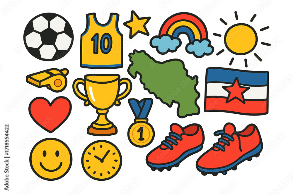 Naklejka premium Yugoslav Sports Doodle. Colorful Hand-drawn doodle Children illustration Yugoslav Sports [soccer ball, basketball, jersey, whistle, trophy, star, rainbow, sun,