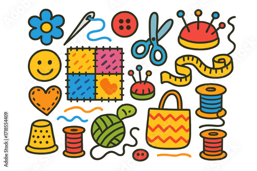 Colorful Quilting Doodles. Colorful Hand-drawn doodle Children illustration Quilted patchwork fabric square, needle, thread, button, scissors, pin cushion,