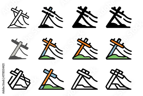 Hurricane Logo Designs. Set Logo of Severe Hurricanes: Collapsed utility pole. Logo set in vector style, emblematic variations. line, bold thick line, solid