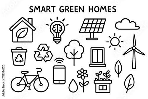 Smart Green Living. Hand-drawn doodle illustration Smart green homes [eco house, smart bulb, solar panel, recycling bin, tree, window, cloud, sun, mobile