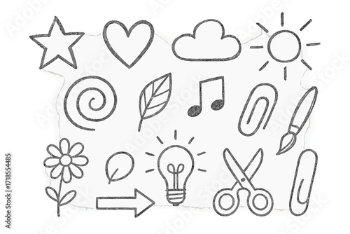 Creative Sketchbook Doodles. Hand-drawn doodle illustration Creative doodles in sketchbook [pencil, sketchbook, doodle star, doodle heart, cloud, sun, spiral,