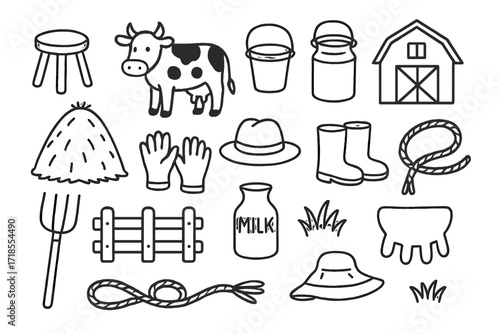 Doodle of Milking Essentials. Hand-drawn doodle illustration Milk collection tools Milking stool, cow, bucket, milk pail, barn, haystack, gloves, farmer hat,