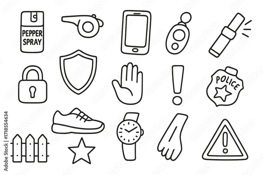 Fototapeta premium Personal Safety Icons. Hand-drawn doodle illustration personal safety pepper spray, whistle, phone, keychain alarm, flashlight, shield, lock, running shoes,