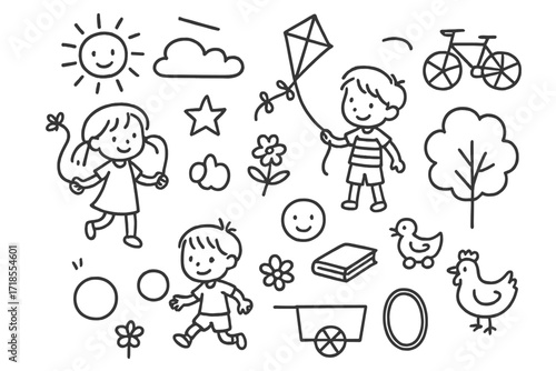 Village Kids Play. Hand-drawn doodle illustration village children playing kite, ball, skipping rope, star, flower, sun, cloud, tree, bicycle, cart, hoop,