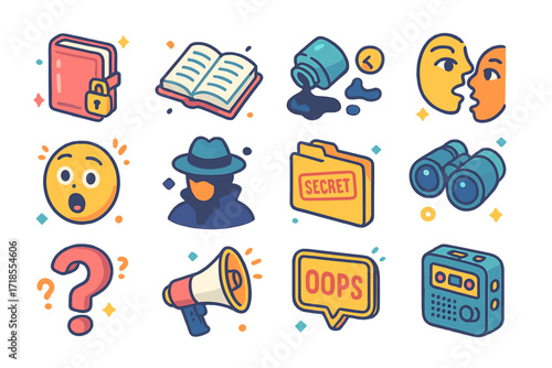 Secrets and Revelations Icons. Colorful isometric vector icons set of secrets and revelations: locked diary, open book, spilled ink, whispering lips, surprised