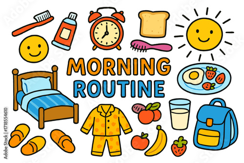 Cheerful Morning Routine. Morning Routine. Colorful Hand-drawn doodle Children illustration Morning Routine toothbrush, toothpaste, alarm clock, sun, breakfast