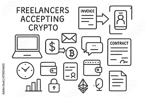 Crypto Freelancer Tools. Hand-drawn doodle illustration [Freelancers accepting crypto] [laptop, invoice, dollar to bitcoin arrow, smartphone, email icon,