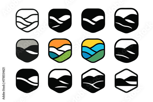 Morning Fog Logo Set. Set Logo of Morning Fog: Fog drifting through hills. Logo set in vector style, emblematic variations. line, bold thick line, solid black