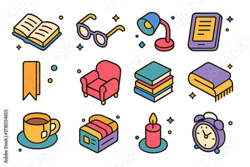 Reading Icon Set. Reading. Colorful isometric vector icons set of Reading: open book, glasses, lamp, bookmark, cozy chair, e-reader, cup of tea, book stack,
