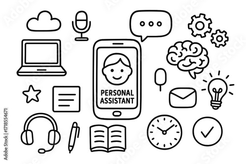 Digital Assistant Doodles. Hand-drawn doodle illustration digital personal assistant smartphone, laptop, microphone, speech bubble, cloud, gears, brain, light