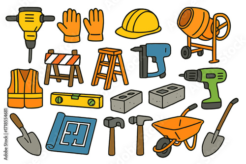 Colorful Construction Doodles. Colorful Hand-drawn doodle Children illustration Construction site power tools jackhammer, hard hat, gloves, concrete mixer,