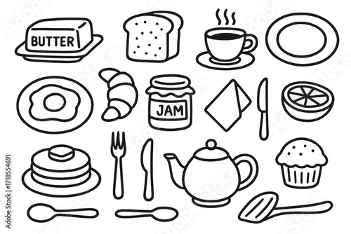 Breakfast Table Doodle. Hand-drawn doodle illustration Breakfast Table butter dish, toast, coffee cup, plate, egg, fork, knife, spoon, napkin, jam jar,