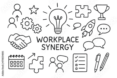 Workplace Synergy Icons. Hand-drawn doodle illustration Workplace synergy light bulb, gears, puzzle pieces, handshake, people icons, arrows, chat bubbles,
