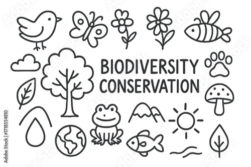 Biodiversity Conservation Doodles. Hand-drawn doodle illustration biodiversity conservation tree, bird, butterfly, flower, fish, bee, paw print, leaf, frog,