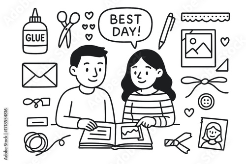 Scrapbooking Essentials Doodle. Hand-drawn doodle illustration Couple Scrapbooking scrapbook, glue bottle, scissors, stickers, pen, envelope, polaroid photo,