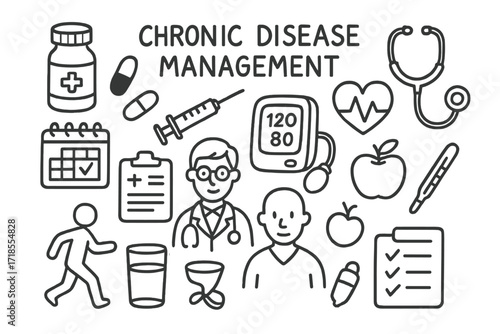 Chronic Disease Symbols. Hand-drawn doodle illustration Chronic disease management Medicine bottle, pill, syringe, stethoscope, heart, blood pressure monitor,