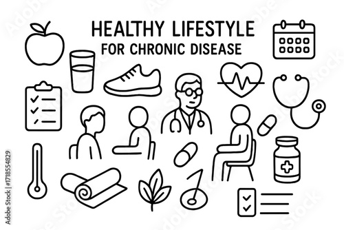 Healthy Lifestyle Doodles. Hand-drawn doodle illustration Healthy lifestyle for chronic disease Apple, water glass, exercise shoe, heart, calendar, clipboard,