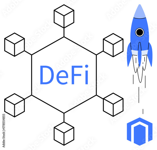 Hexagonal blockchain network with interconnected cubes, DeFi label in the center, and a rocket representing rapid growth. Ideal for blockchain, cryptocurrency, technology, innovation