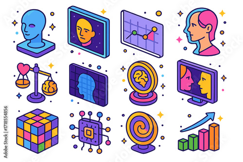 AI Psychology Icons. Colorful isometric vector icons set of AI psychology and self-perception: introspection hologram, synthetic ego panel, identity