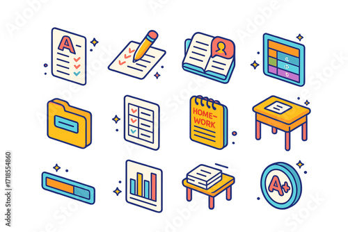 Colorful School Report Icons. Colorful isometric vector icons set of School report items: report card, pencil with marks, open notebook, teacher comments,