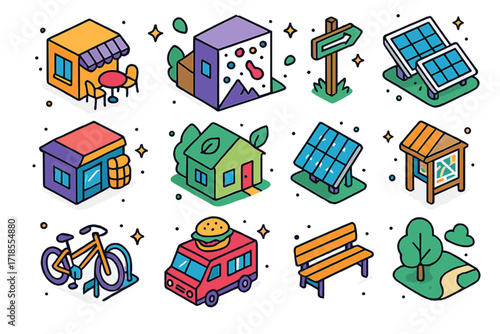 Boulder Town Icons. Colorful isometric vector icons set of Boulder Town Elements: outdoor cafe, climbing gym, trailhead sign, mountain gear store, eco home,