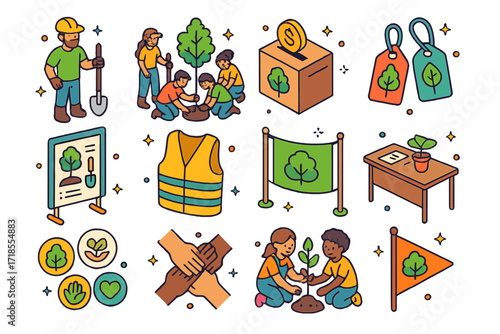 Community Tree Planting Icons. Colorful isometric vector icons set of Community tree planting events: volunteers with tools, group planting scene, donation