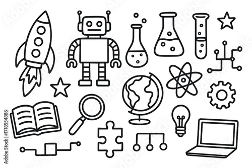 Science Fair Doodles. Hand-drawn doodle illustration Fun science fair rocket, robot, flask, beaker, test tube, magnifying glass, book, globe, atom, puzzle