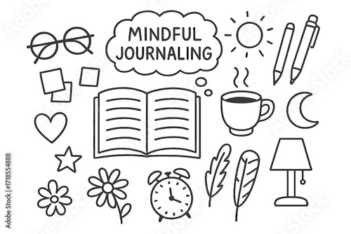 Mindful Journaling Icons. Hand-drawn doodle illustration Mindful journaling [open notebook, pen, pencil, coffee cup, glasses, sticky notes, heart, star,