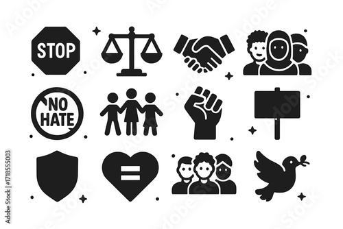 Equality Icon Set. Anti-Discrimination. Solid icons set of stop sign, equality scale, handshake, diverse faces, no hate symbol, inclusive circle, raised fist,