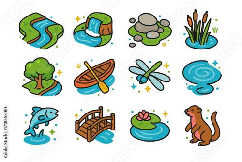 Vibrant River Icons. Colorful isometric vector icons set of Flowing river landscape: river bend, small waterfall, smooth stones, reeds, riverbank tree, canoe,
