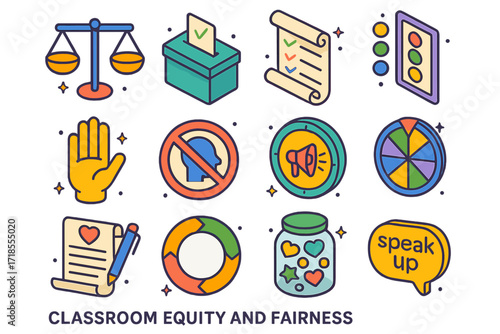 Equity Icons Grid. Colorful isometric vector icons set of Classroom equity and fairness: equal scale icon, voting box, classroom rules scroll, behavior chart,
