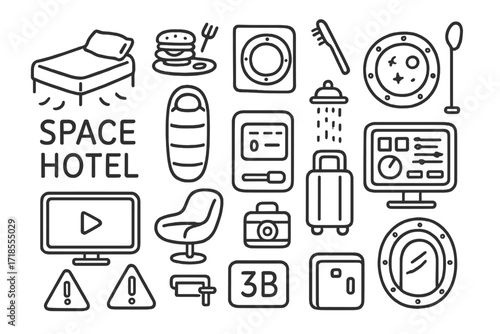 Space Hotel Doodle. Hand-drawn doodle illustration Space Hotel floating bed, zero-g food tray, porthole window, floating toothbrush, sleeping bag, space