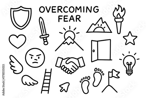 Overcoming Fear Icons. Hand-drawn doodle illustration Overcoming fear [shield, sword, torch, heart icon, mountain, sunrise, brave face, open door, handshake,