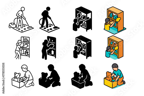 Cleaning Icons Collection. Icon Set of Cleaning house: vacuuming carpet, dusting shelves, organizing toys. Icons set in vector style, emblematic variations.