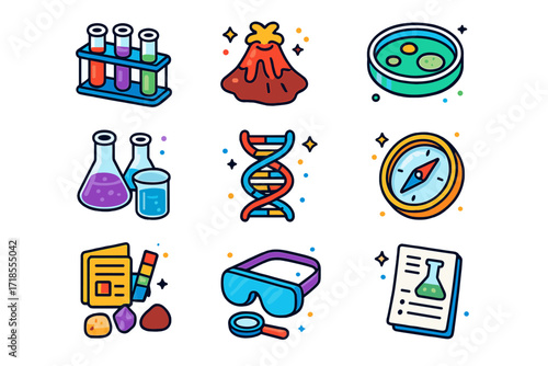 Science Discovery Icons. Colorful isometric vector icons set of science discovery kits: test tubes, volcano experiment, petri dish, beaker set, DNA model,