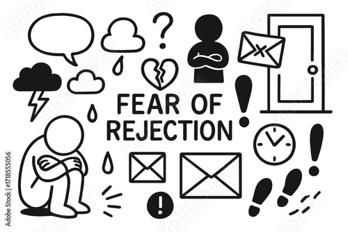Fear of Rejection Doodle. Hand-drawn doodle illustration Fear of rejection Person hiding, broken heart, speech bubble, question mark, shadow, cloud, sweat