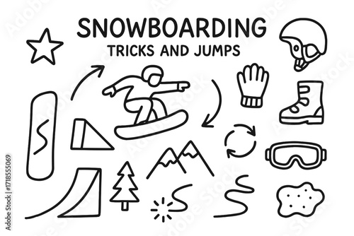Snowboarding Doodle Art. Hand-drawn doodle illustration [Snowboarding tricks and jumps] [snowboard, jump ramp, star, helmet, gloves, boots, slope line, action