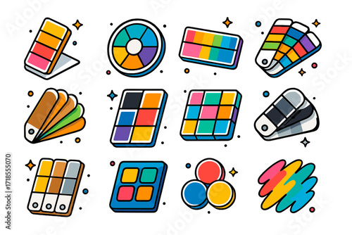 Colorful Palette Icons. Colorful isometric vector icons set of mural color palettes: warm tone strip, cool tone wheel, gradient bar, rainbow selection, earth