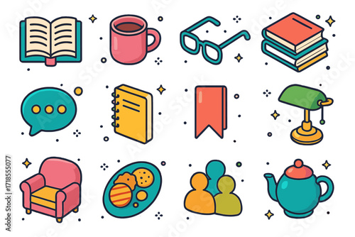 Book Club Icons. Book Club. Colorful isometric vector icons set of Book Club: open novel, coffee cup, reading glasses, stack of books, discussion bubble,