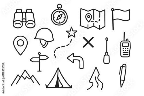 Military Map Icons. Hand-drawn doodle illustration Military map marking binoculars, compass, map, location pin, dotted line, star, flag, cross mark, helmet,