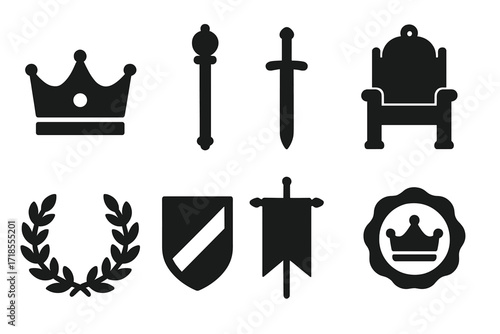 Medieval Kingship Icons. Solid, filled icon set of medieval kingship symbols: crown, scepter, sword of state, throne, laurel wreath, coat of arms, banner,