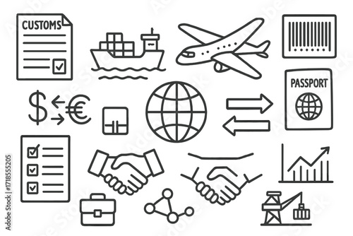 Global Trade Icons. Hand-drawn doodle illustration international trade customs form, cargo ship, airplane, passport, barcode, globe, handshake, money exchange,