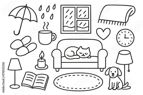 Cozy Indoor Rainy Day. Hand-drawn doodle illustration Rainy day indoors [umbrella, raindrops, window, blanket, mug, slippers, candle, heart, sofa, cat, dog,
